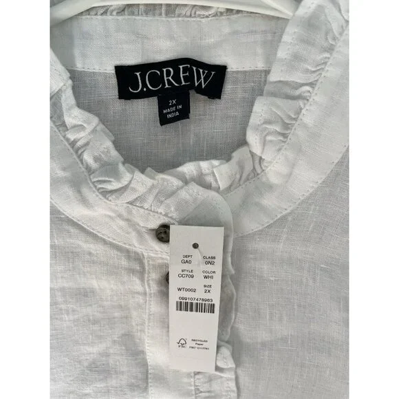 J. Crew White Ruffle Trim Button Up Shirt In 100 % Linen Size 2X New Collared - Picture 3 of 6